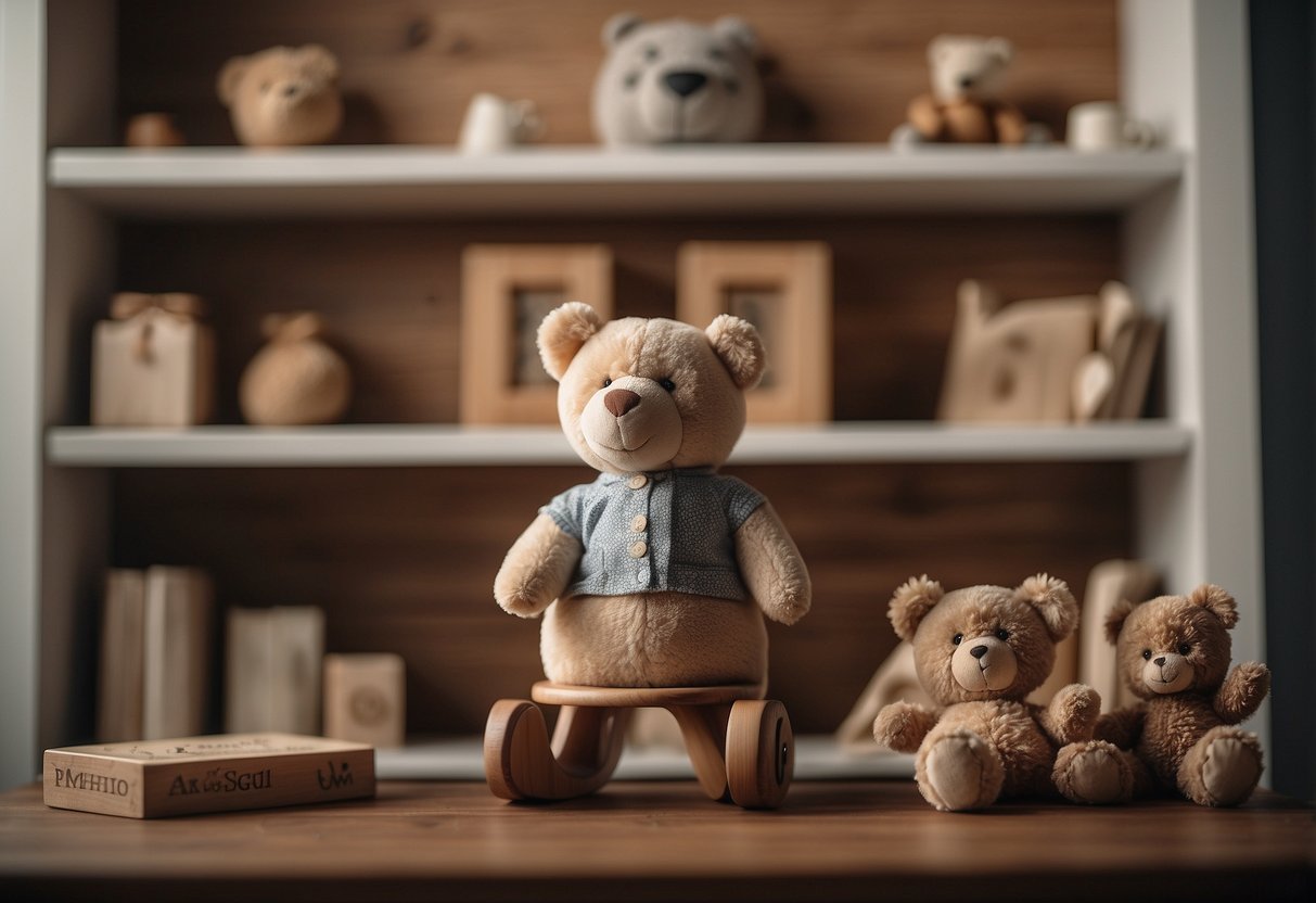 A cozy nursery with vintage wall decor: a wooden rocking horse, old-fashioned alphabet blocks, and a classic teddy bear on a shelf