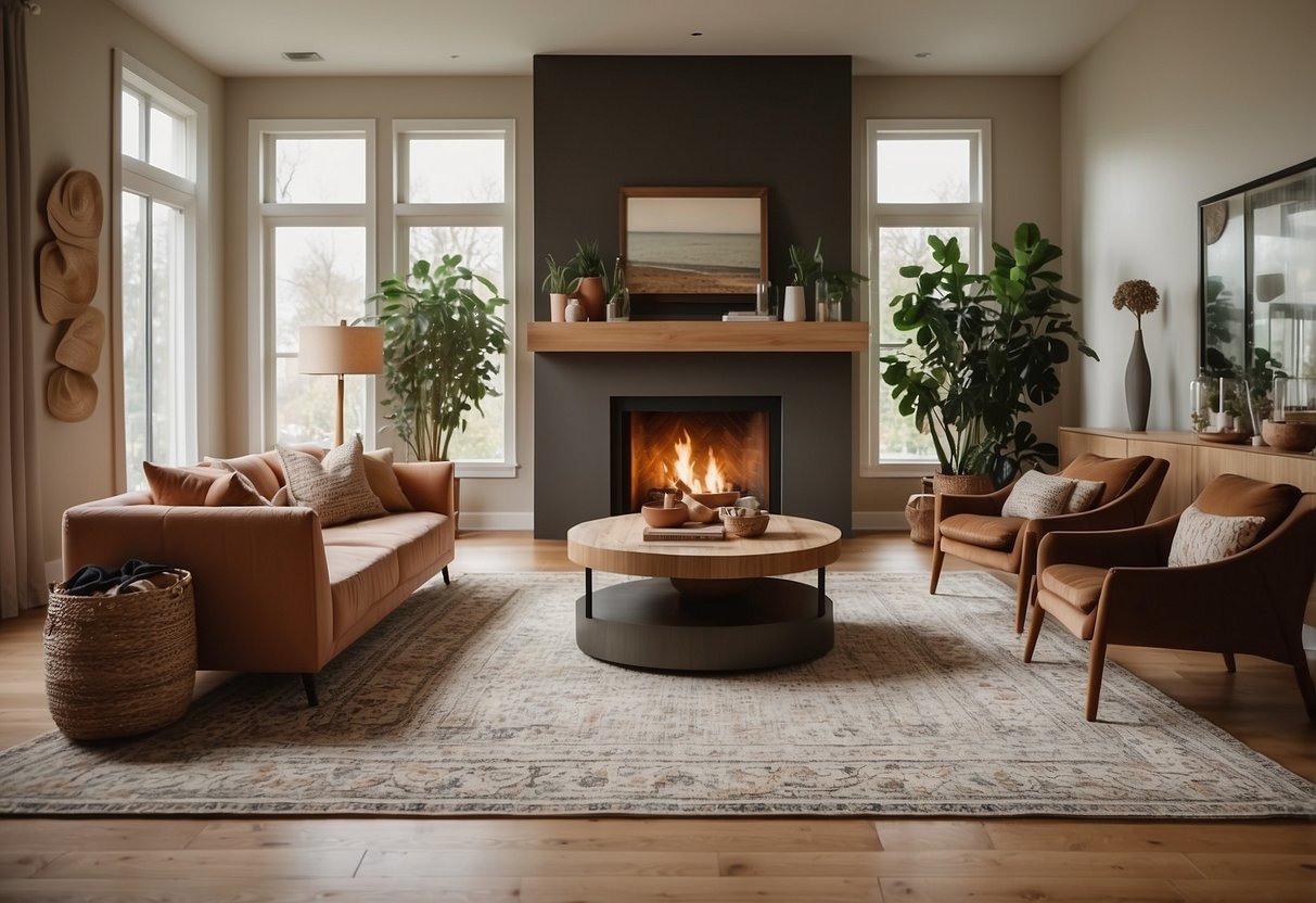 A cozy living room with oak floors, adorned with a large area rug and complemented by warm-toned furniture and decor, creating a welcoming and elegant space