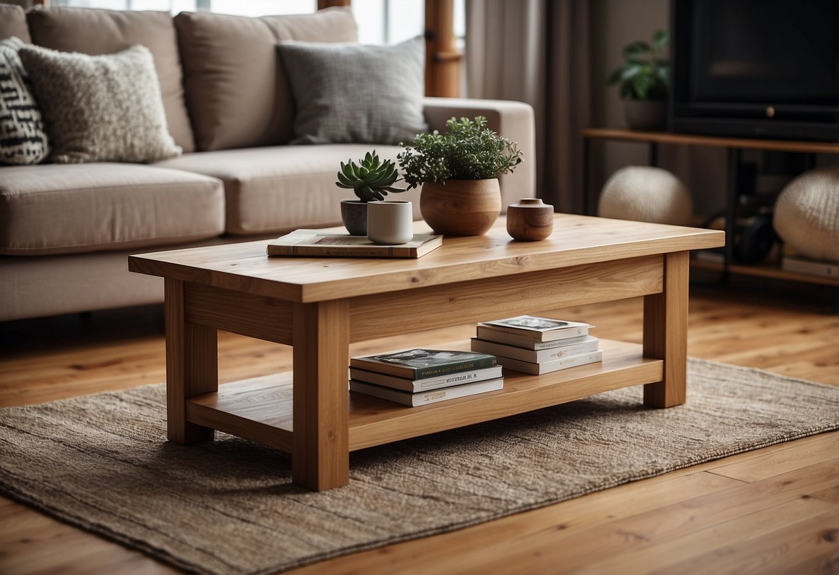 A rustic oak coffee table sits on a polished oak floor, surrounded by cozy home decor items