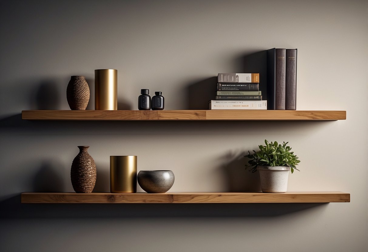 Floating oak shelves hang on a wall above a polished oak floor, displaying various home decor items