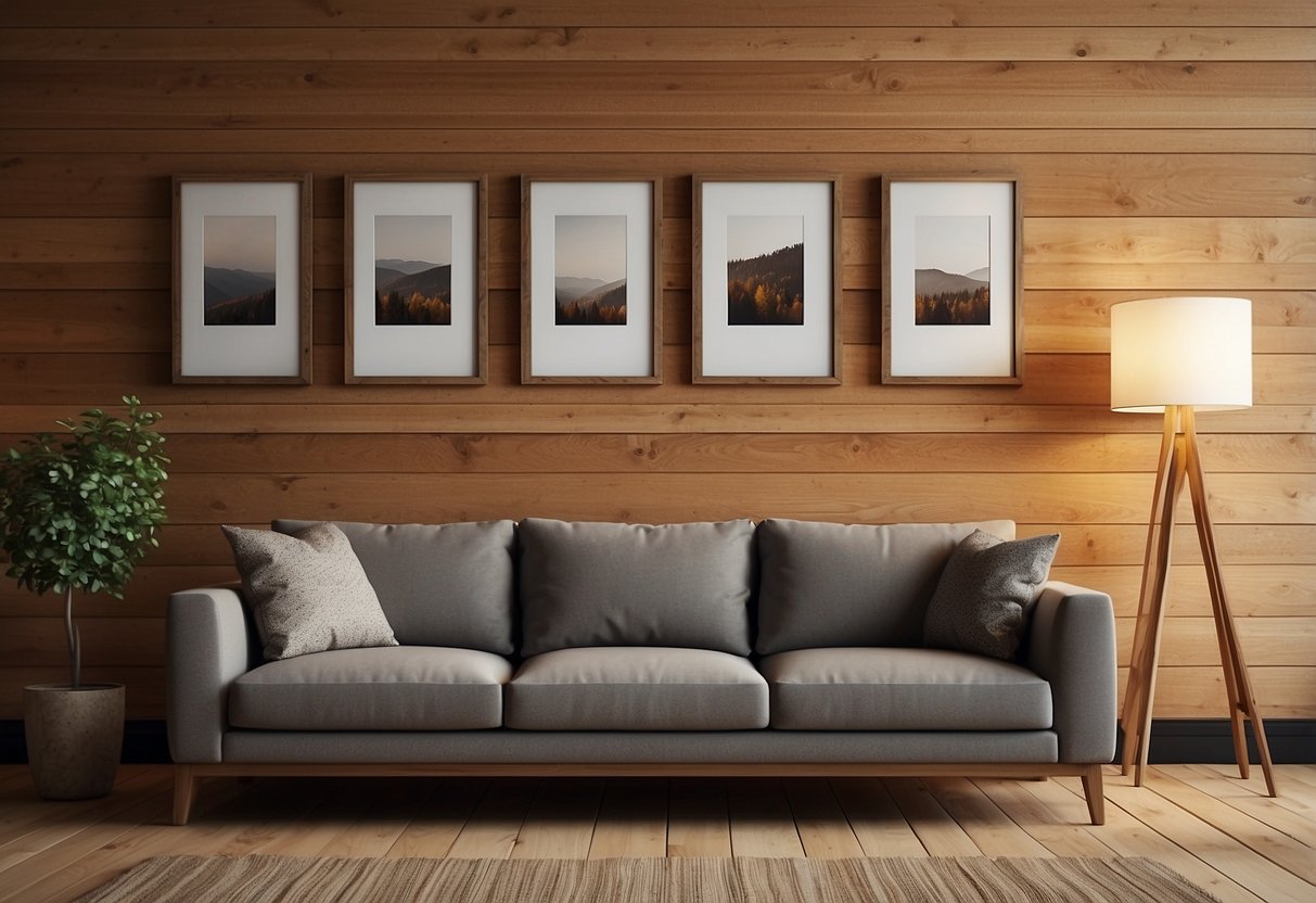 A cozy living room with vintage oak picture frames hanging on a wood-paneled wall, adding warmth and character to the home decor