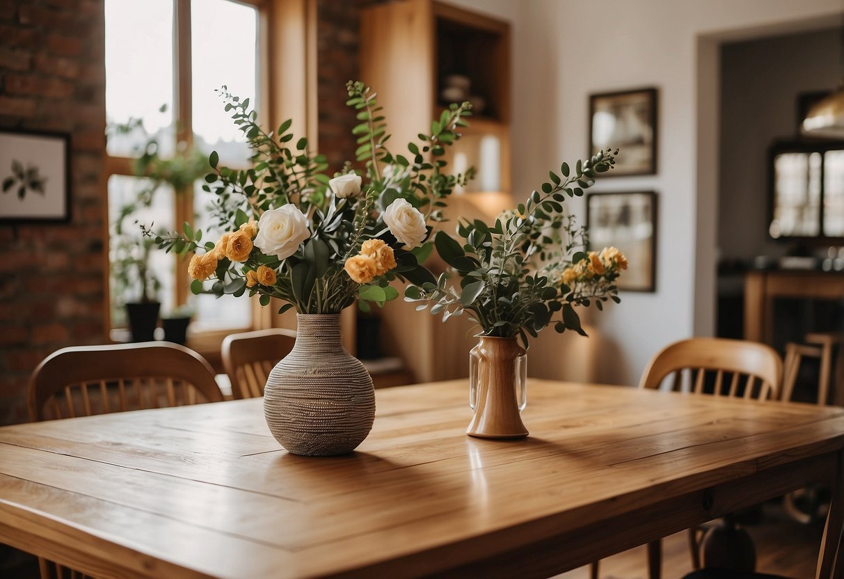 A handcrafted oak dining table sits on an oak floor, surrounded by home decor items