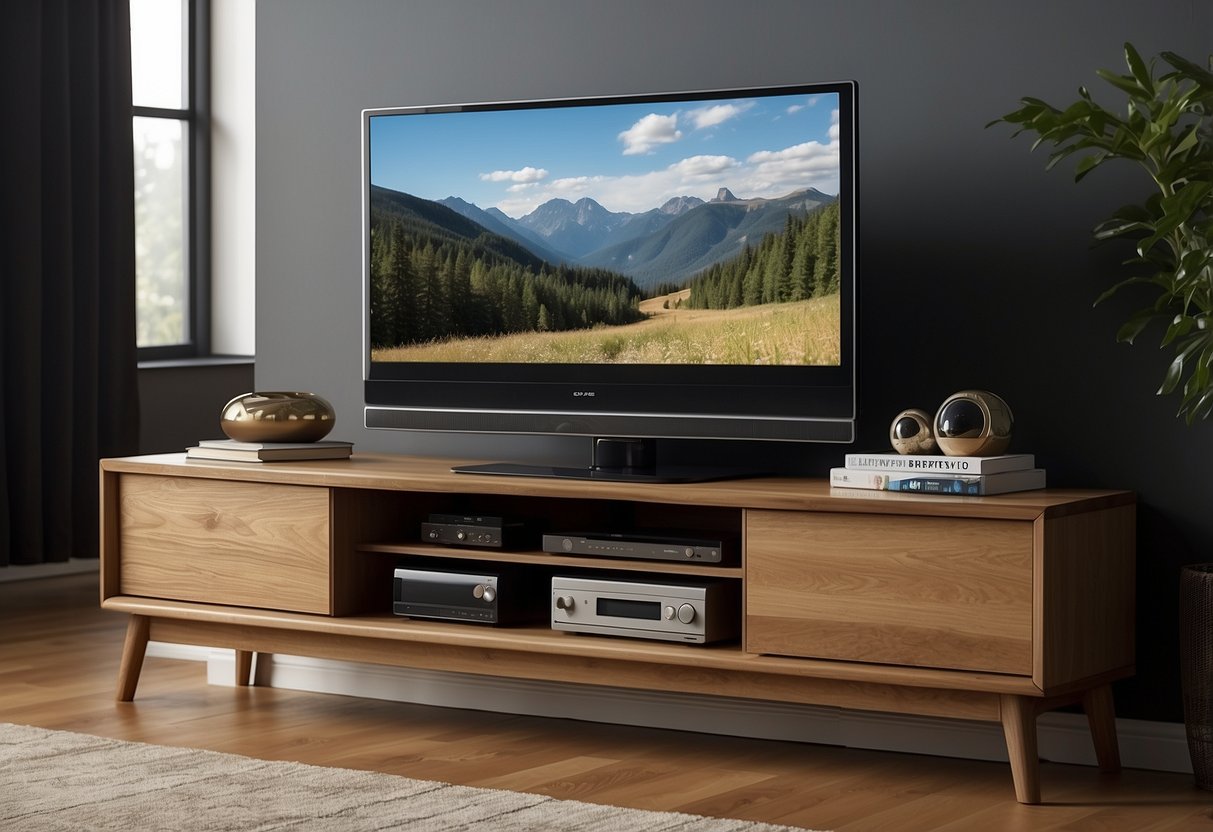 A sleek, modern oak TV stand sits on a polished oak floor, surrounded by minimalist home decor