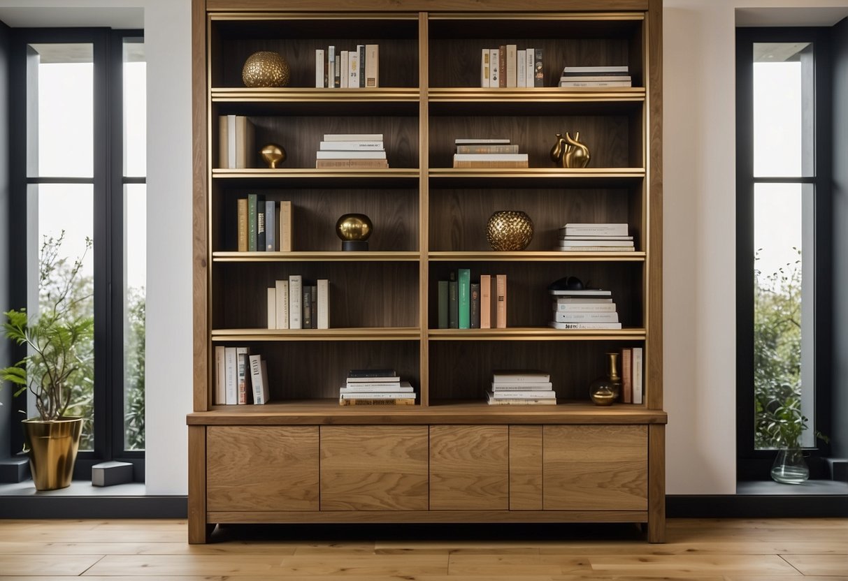 An oak bookshelf with brass accents stands on an oak floor, adding warmth and elegance to the room. Ideal for home decor ideas