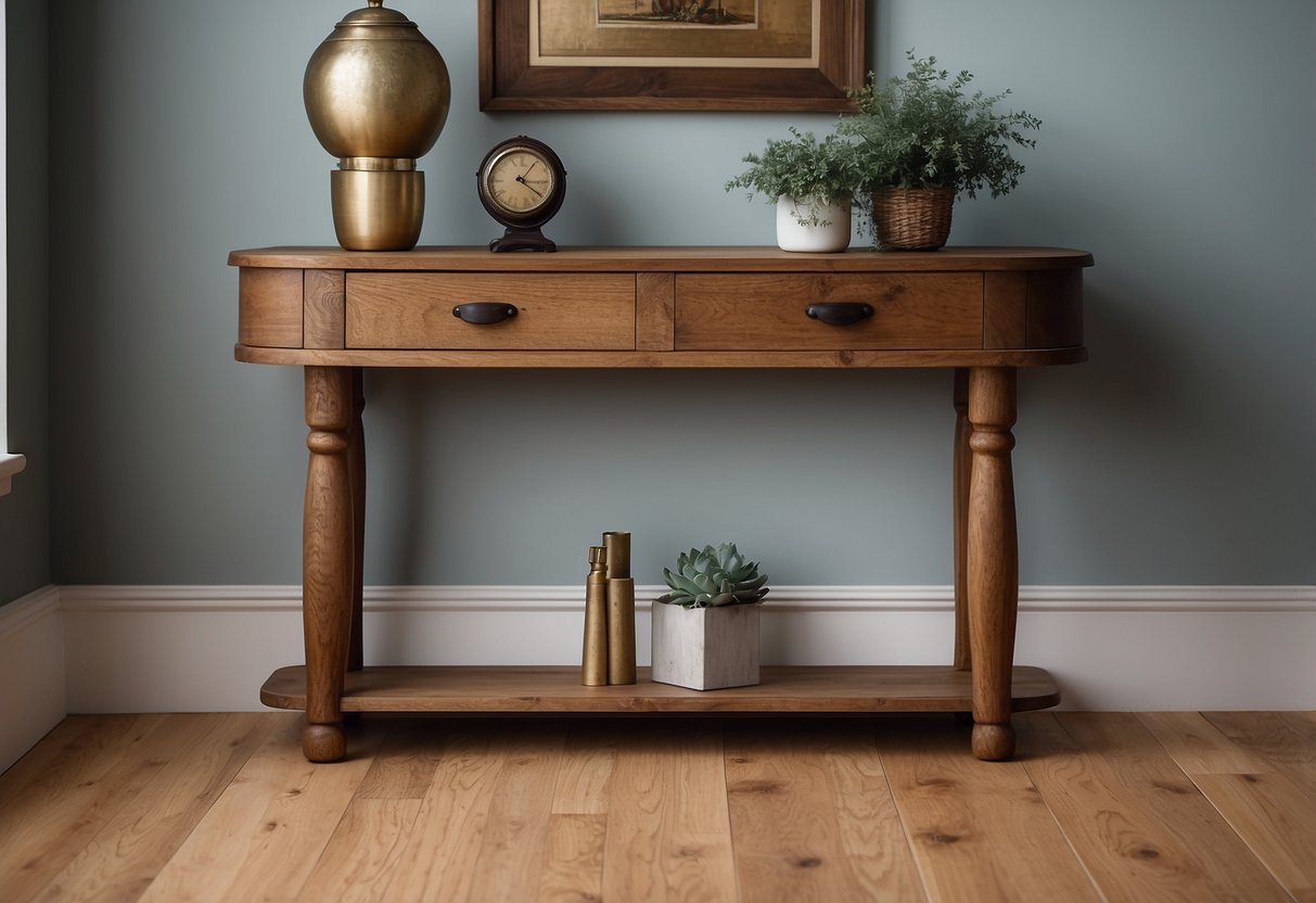 A distressed oak console table sits on a polished oak floor, surrounded by home decor items