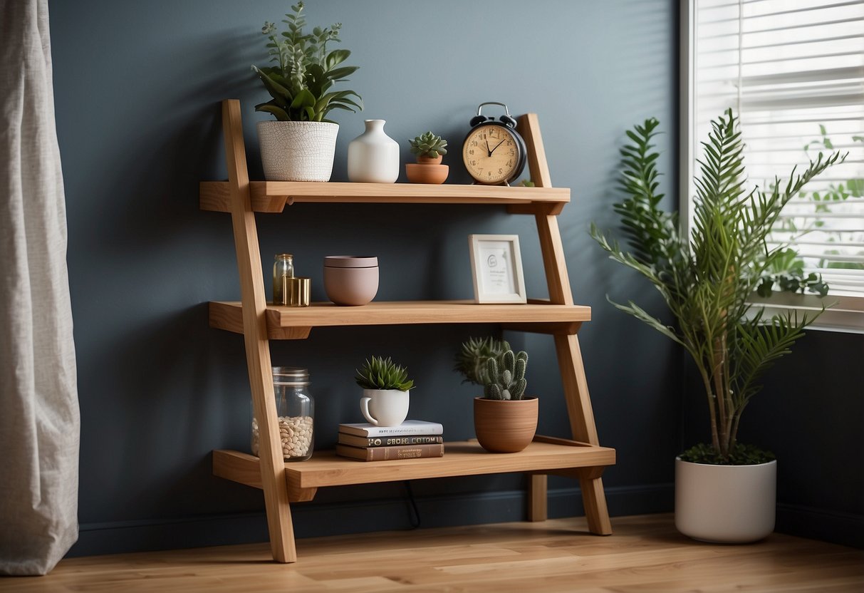 An oak ladder shelf stands on a polished oak floor, adorned with home decor items