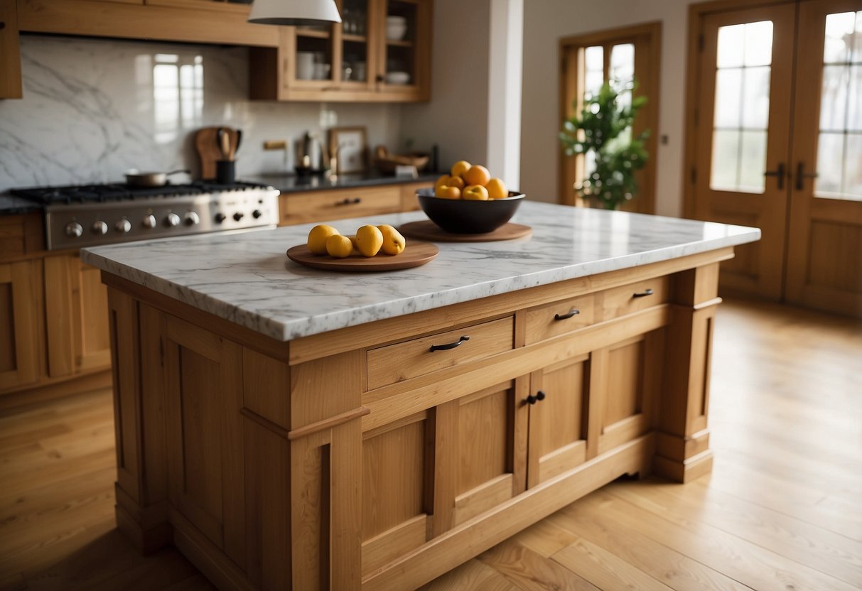 An oak kitchen island with a marble top sits on a polished oak floor, creating a warm and inviting atmosphere for home decor ideas