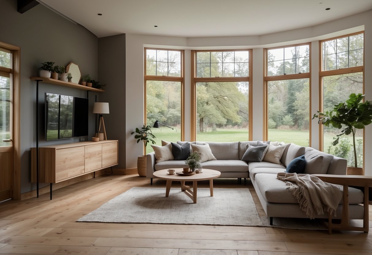 A modern living room with oak floors, minimalist furniture, and large windows. A traditional kitchen with oak floors, rustic cabinets, and a farmhouse sink. A cozy bedroom with oak floors, a canopy bed, and soft, neutral colors