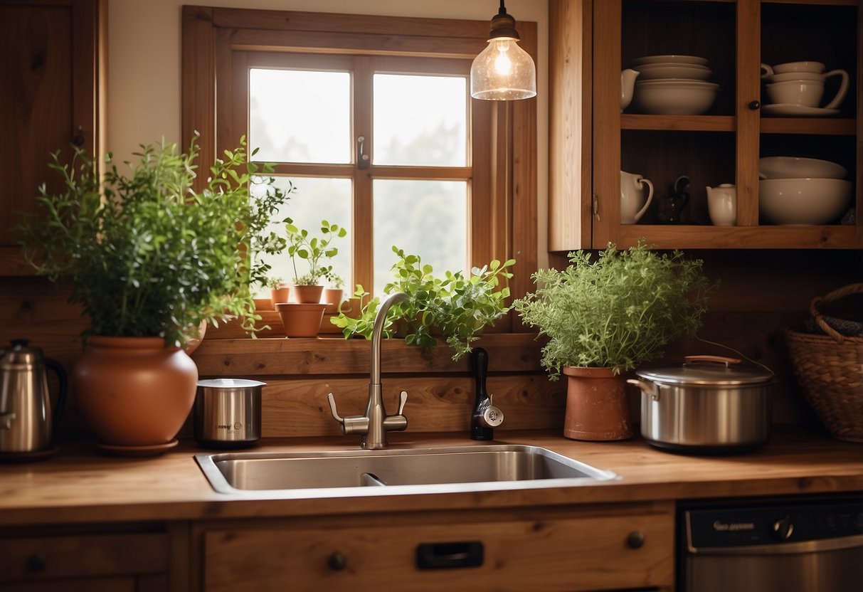 An oak kitchen with warm lighting, rustic wooden cabinets, and a farmhouse sink adorned with potted herbs and a vintage tea kettle