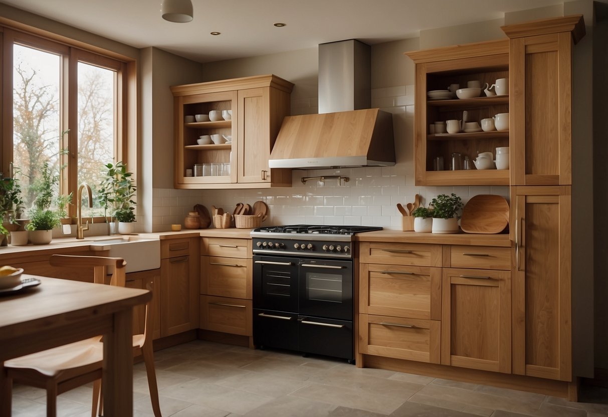 A kitchen with handcrafted oak cabinets, warm and inviting, with natural light streaming in, creating a cozy and inviting atmosphere