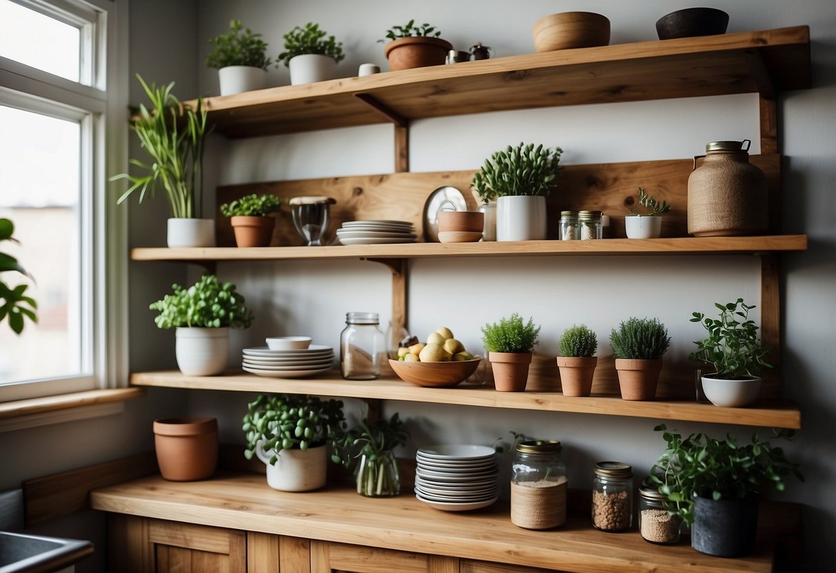 A rustic oak shelving unit in a cozy kitchen, adorned with home decor items like plants, jars, and cookbooks