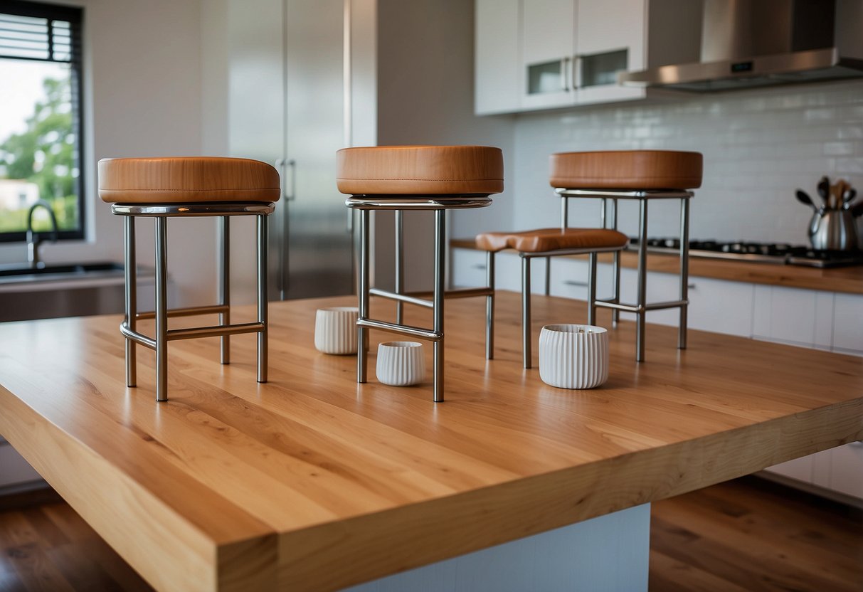 Four oak bar stools sit at a kitchen island, adding warmth to the modern decor. The natural wood complements the sleek countertops and stainless steel appliances