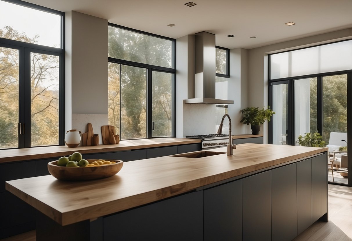 A sleek, modern kitchen with oak countertops, minimalist decor, and natural light streaming in through large windows