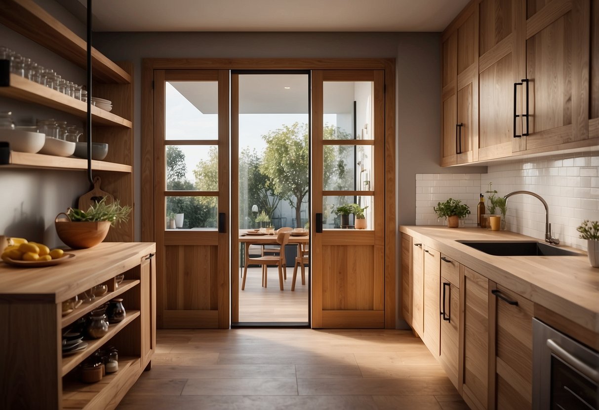 Two oak pantry doors stand open, revealing a neatly organized kitchen with warm home decor accents