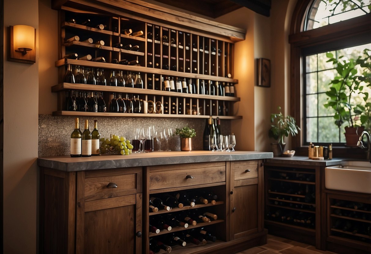 A custom oak wine rack sits in a rustic kitchen, adorned with wine bottles and glasses, adding a touch of elegance to the home decor