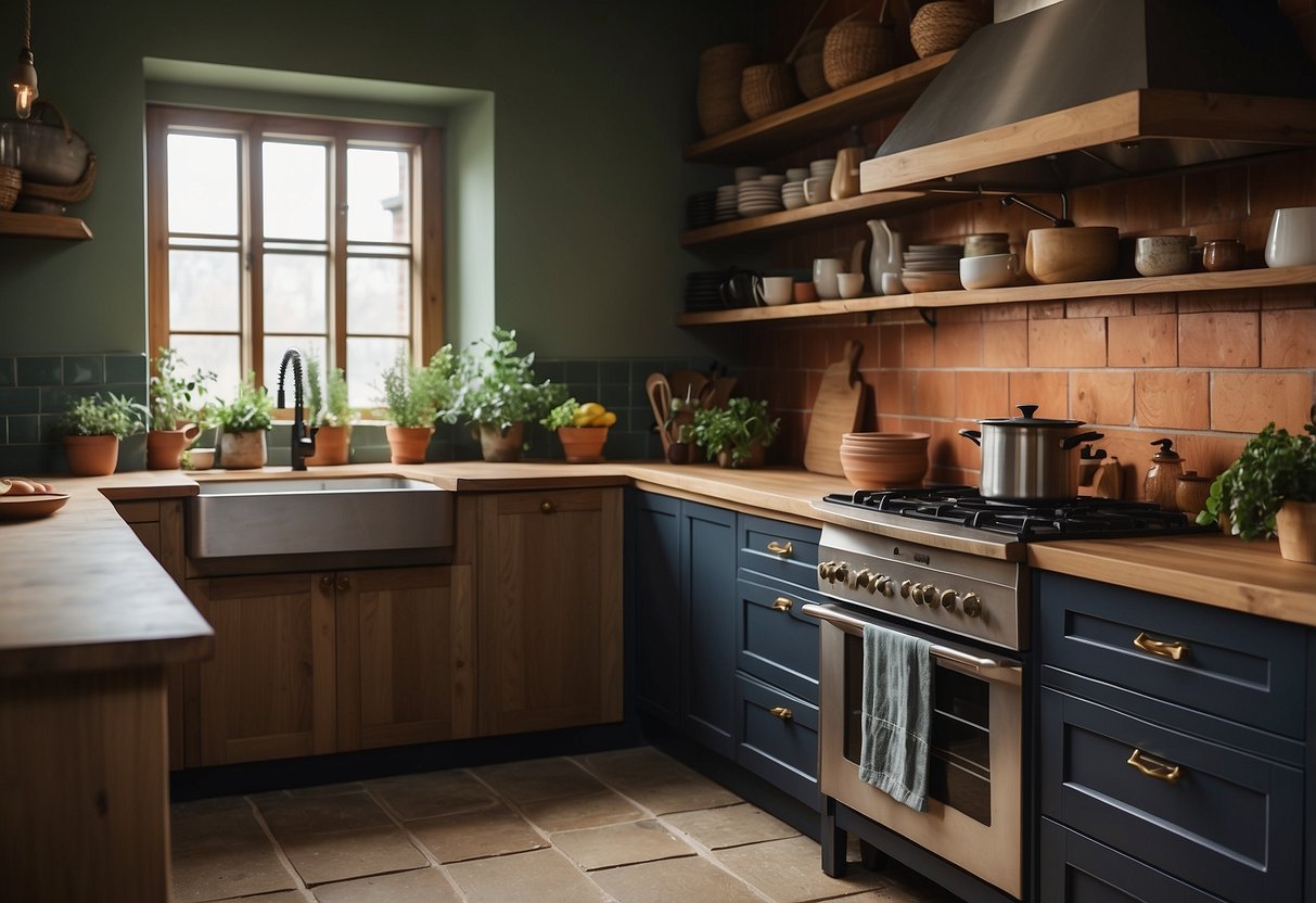 A cozy kitchen with warm oak cabinets, accented by earthy tones like sage green, deep navy, and terracotta. Natural materials like stone, wood, and woven textiles add texture and warmth to the space