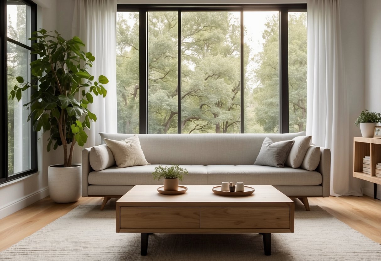 A cozy living room with a white oak coffee table, shelves adorned with minimalist decor, and a soft, neutral-colored sofa. Sunlight streams in through the window, casting a warm glow on the elegant space