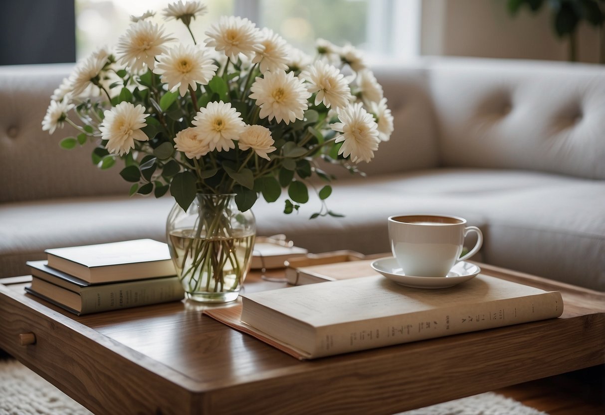 A rustic white oak coffee table sits in a cozy living room, adorned with a vase of fresh flowers and a stack of books