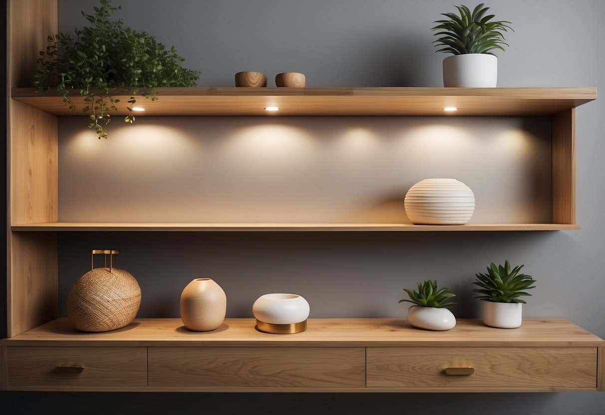 White oak accent pieces displayed on a modern shelf with soft lighting and minimalistic decor