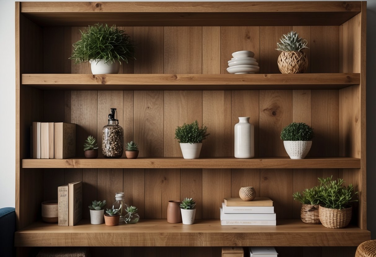 Weathered oak stained pine shelves holding decorative items in a cozy home setting