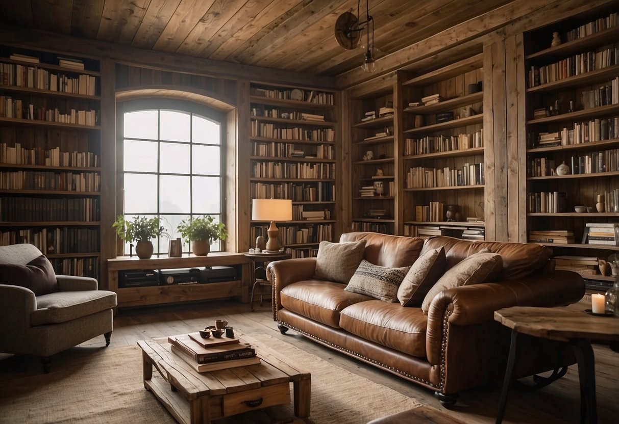 A cozy living room with weathered oak bookshelves filled with rustic pine decor and books