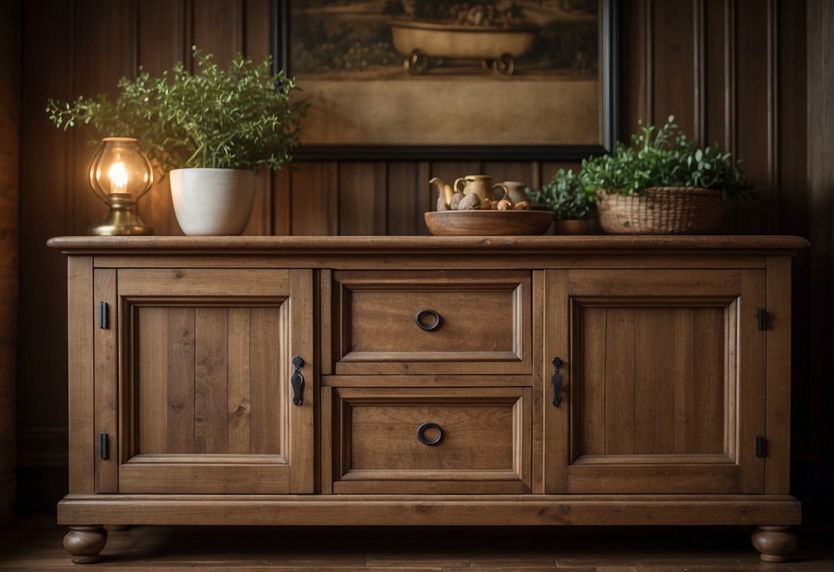 A weathered oak sideboard sits in a cozy home, adorned with antique accents. The warm tones of the wood add a touch of rustic charm to the space