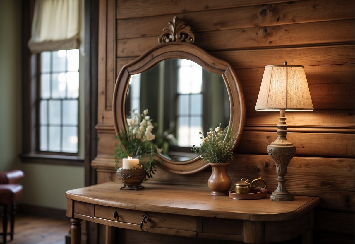 A weathered oak mirror hangs on a pine wall, surrounded by vintage decor