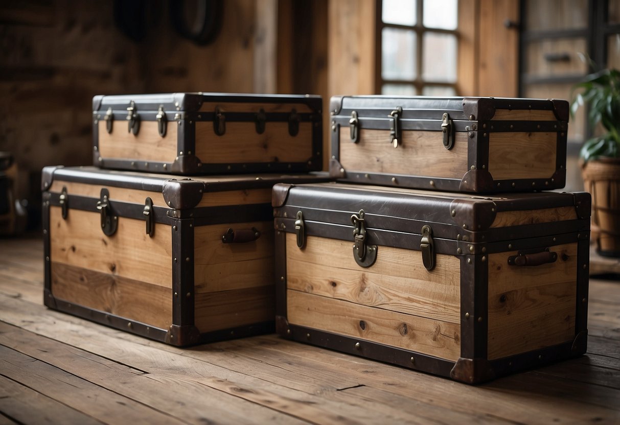 Weathered oak storage trunks arranged in a rustic home setting