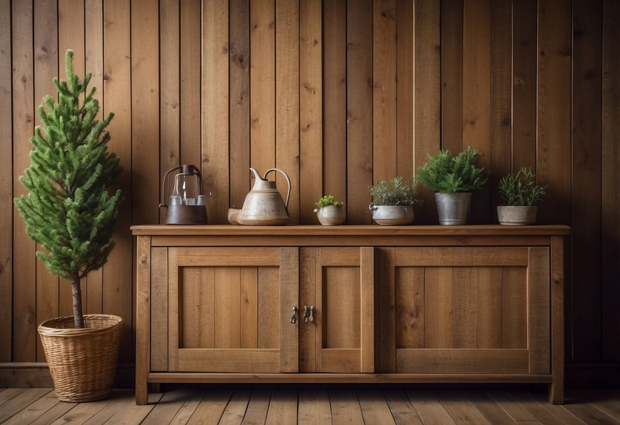 A weathered oak mantelpiece sits against a pine wall, worn from years of use. The warm, rich tones of the wood add a touch of rustic charm to the room