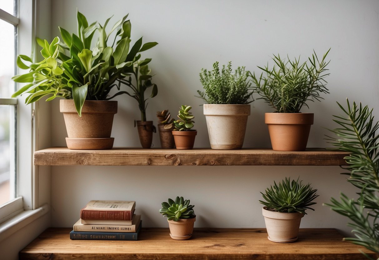 A weathered oak stained pine shelf sits against a white wall, adorned with potted plants and vintage decor. Sunlight streams in, casting a warm glow on the rustic wood