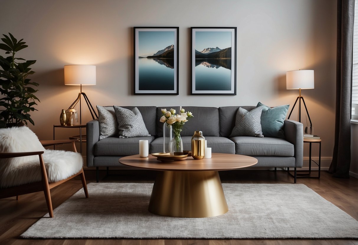 A cozy living room with a plush rug, a sleek coffee table, and a modern floor lamp casting a warm glow. A gallery wall displays a mix of framed art and decorative mirrors