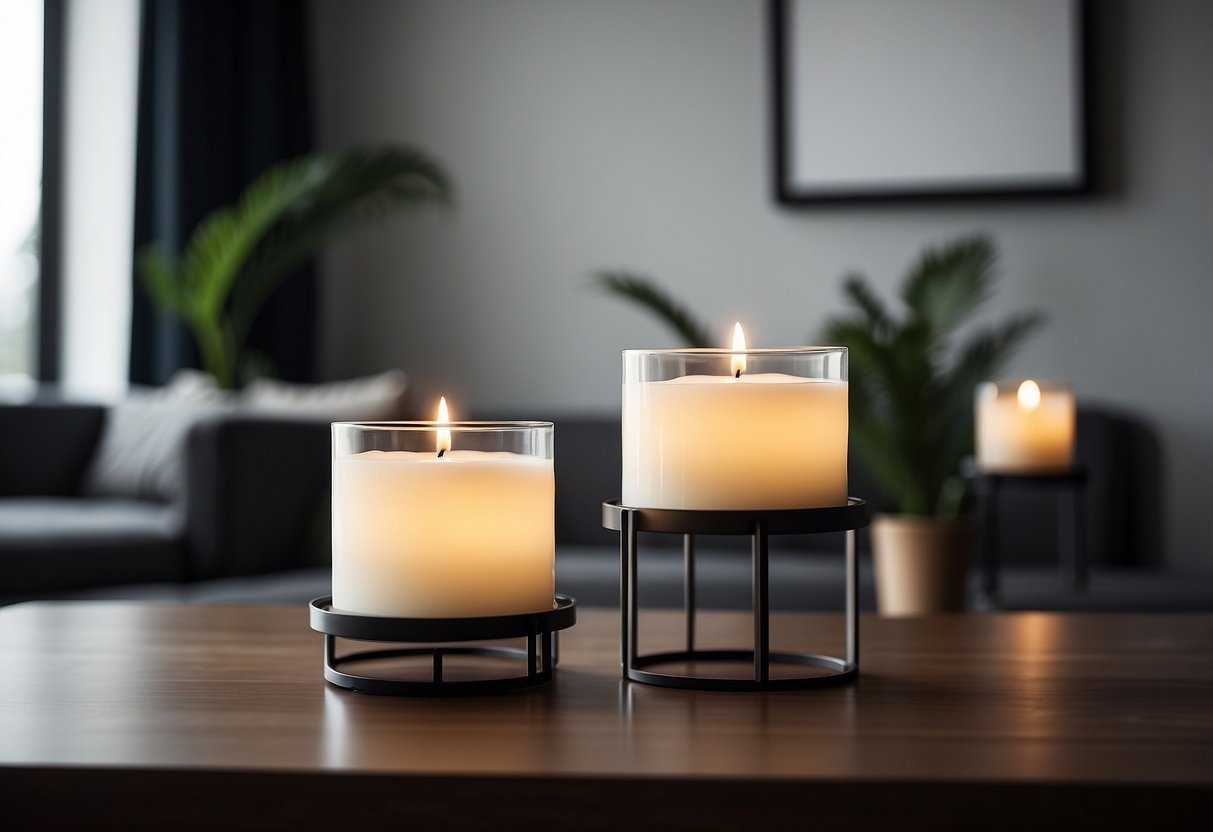 A table with modern geometric candle holders in a minimalist home setting