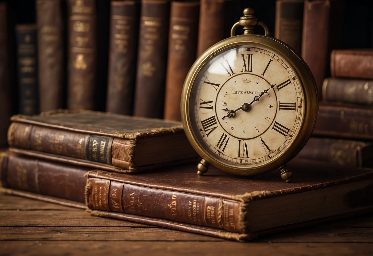 An antique brass wall clock hangs on a vintage wooden wall, surrounded by old books and a worn leather armchair