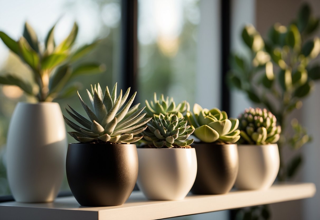 A modern living room with a sleek white shelf adorned with various artificial succulent plants in stylish pots. Sunlight filters through the window, casting a soft glow on the greenery