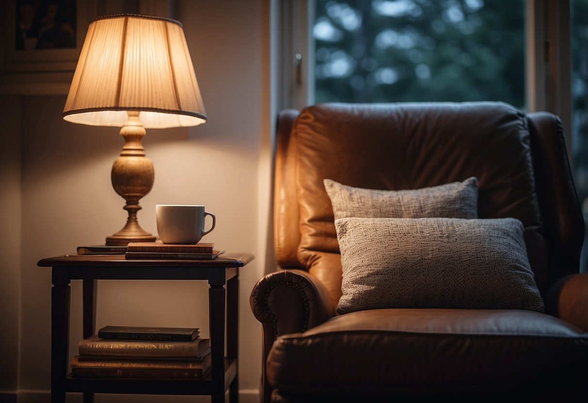 A cozy living room with a vintage floor lamp casting a warm glow next to a comfortable armchair and a stack of classic novels