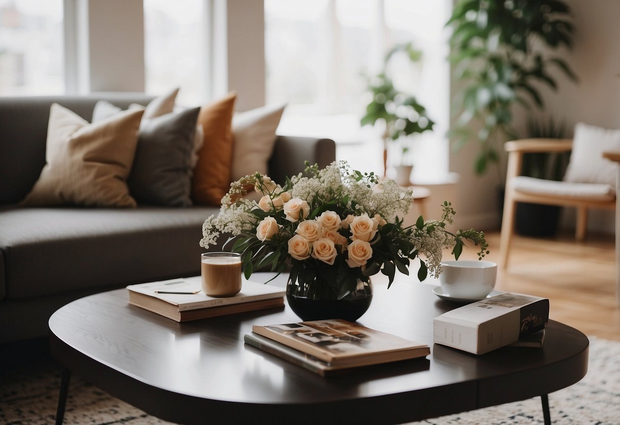 A cozy living room with a plush sofa, a patterned rug, and a decorative throw pillow. A sleek coffee table holds a vase of fresh flowers, and a modern floor lamp illuminates the space