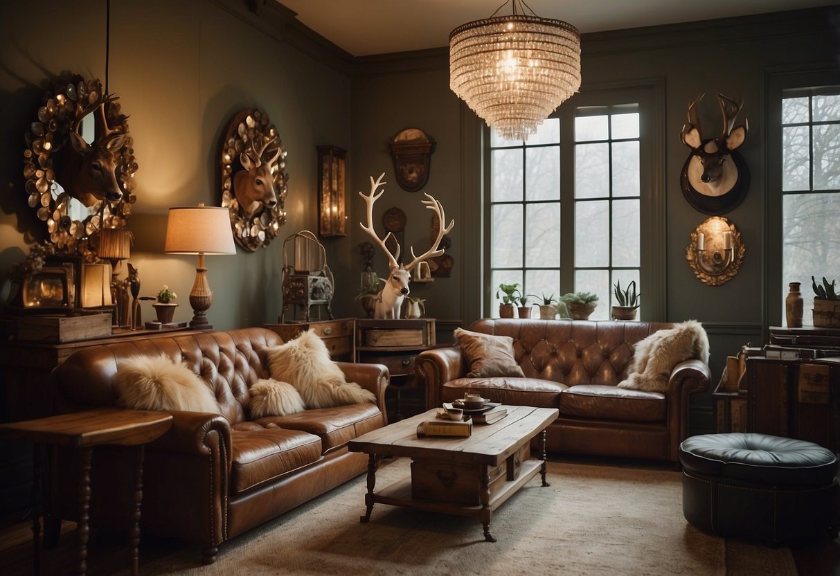 A living room with a taxidermy deer head chandelier, a wall covered in vintage mirrors, and a coffee table made from stacked vintage suitcases