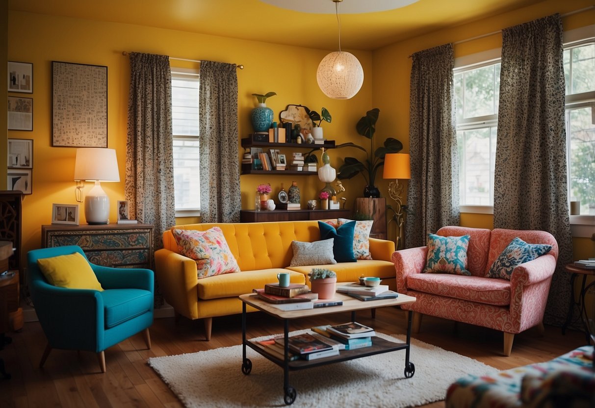 A quirky living room with mismatched furniture, bold patterns, and eccentric decor pieces. Bright colors and unconventional designs create an eclectic and playful atmosphere