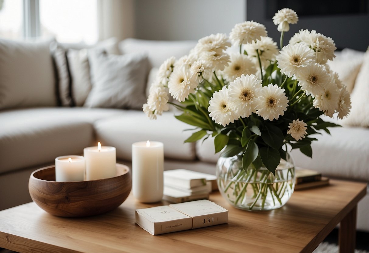 A cozy living room with off white throw pillows, a textured cream rug, and a vase of white flowers on a wooden coffee table