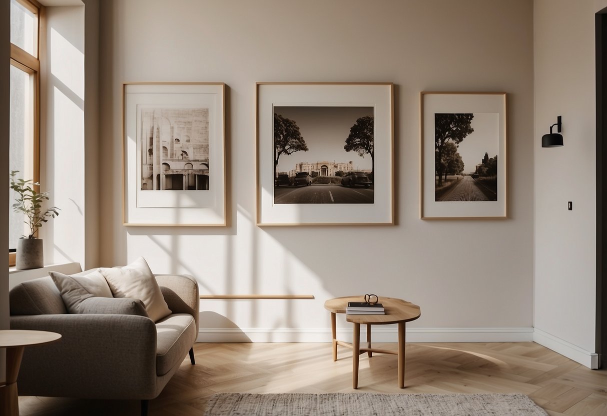 A beige wall adorned with art prints in off-white frames, adding to the home decor with elegant and simple design ideas