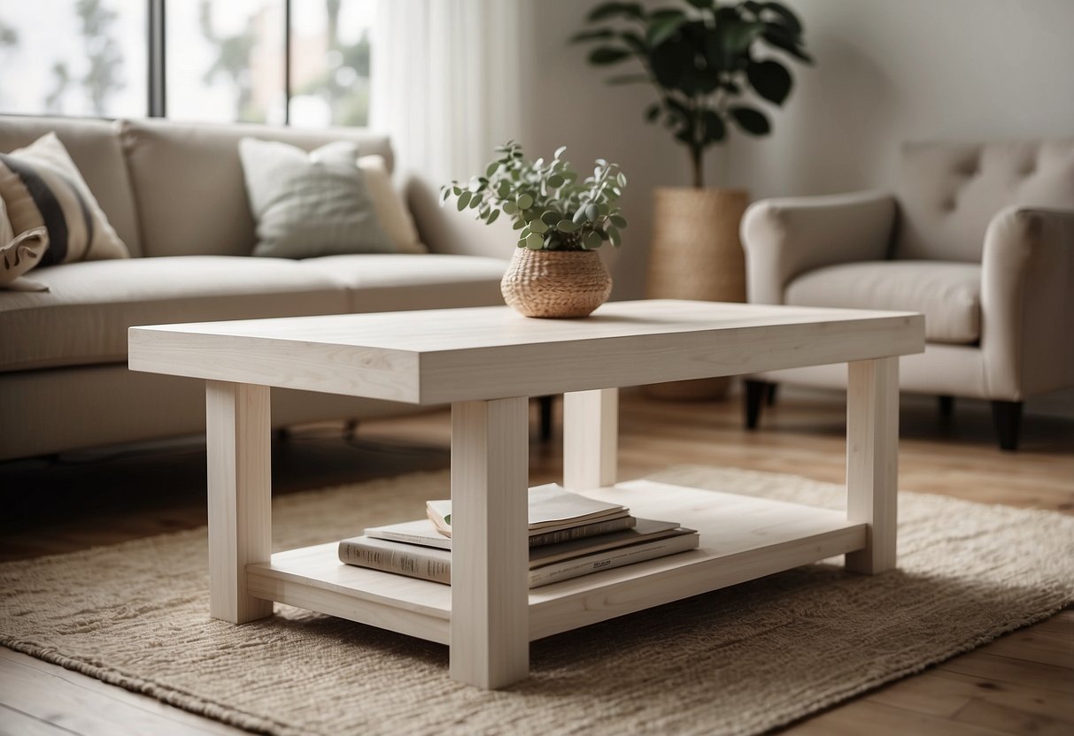 A whitewashed wooden coffee table sits in a cozy living room, adorned with minimalist home decor in off-white tones