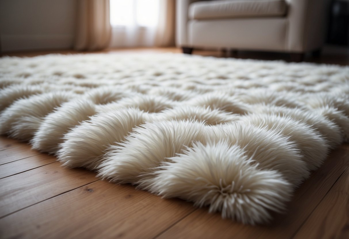 A soft white area rug lies on the floor of a cozy living room, adding a touch of warmth and elegance to the space