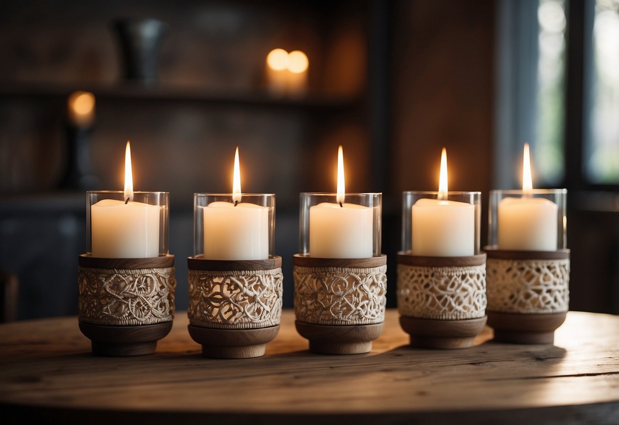 Off-white candleholders arranged on a rustic wooden table with soft natural lighting