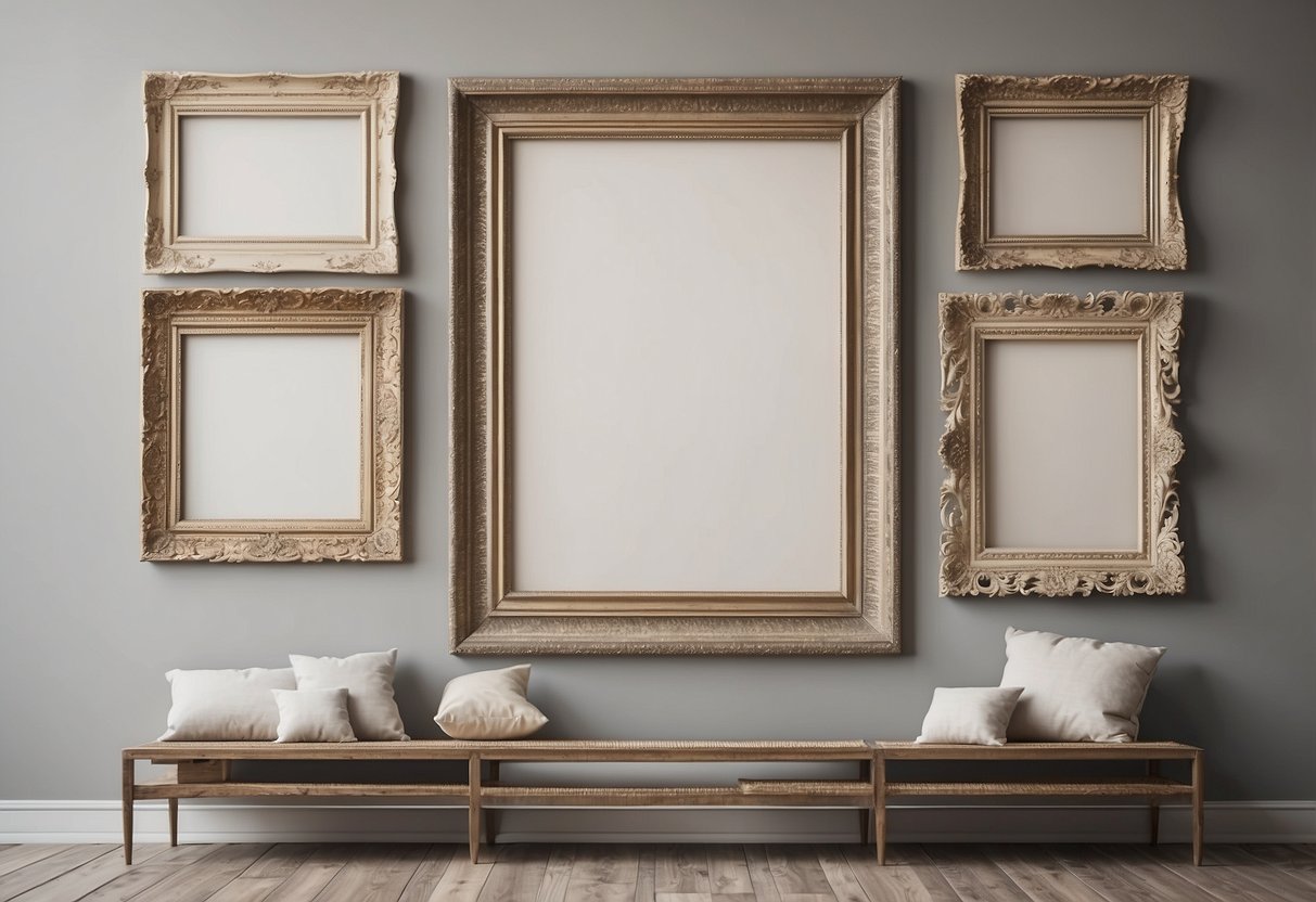 Multiple distressed white picture frames arranged on a wall with off-white home decor