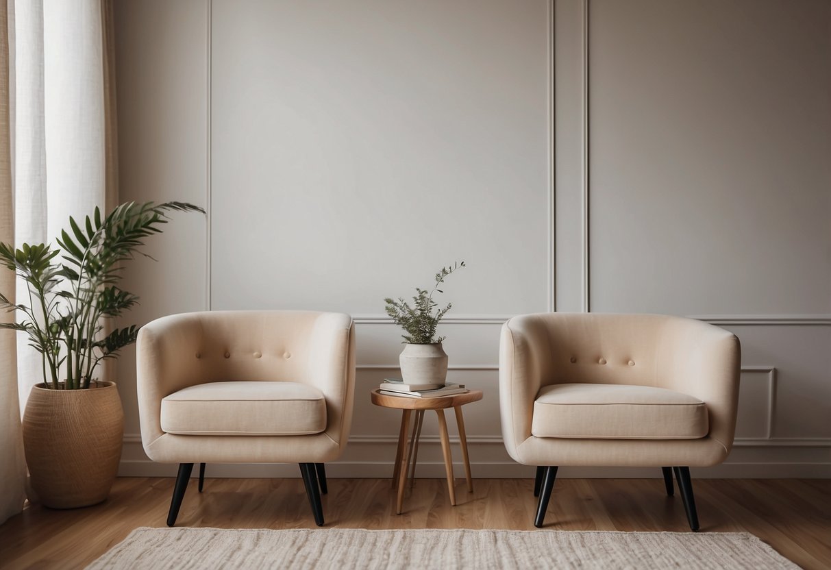 Two pale beige accent chairs in a minimalistic living room with off-white home decor