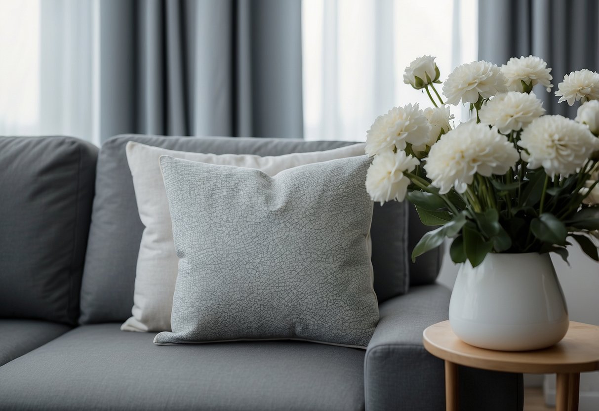 Off white throw pillows arranged on a modern grey couch, with off white curtains hanging in the background. A vase of white flowers sits on a nearby side table