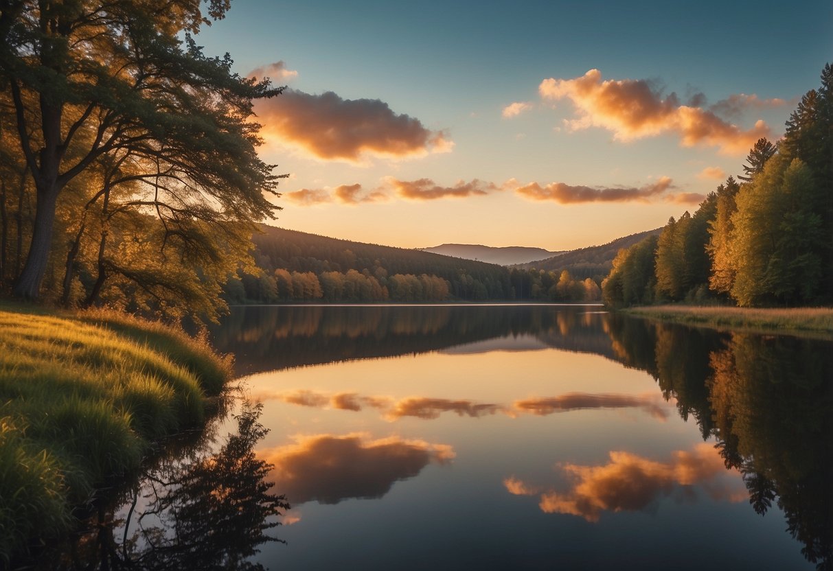 A serene landscape with a colorful sunset over a calm lake, surrounded by vibrant trees and rolling hills, creating a peaceful and inviting atmosphere