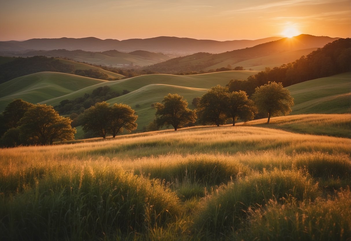 Rolling hills meet a vibrant sunset, casting warm hues over the tranquil landscape. Trees sway gently in the breeze, creating a sense of peace and serenity