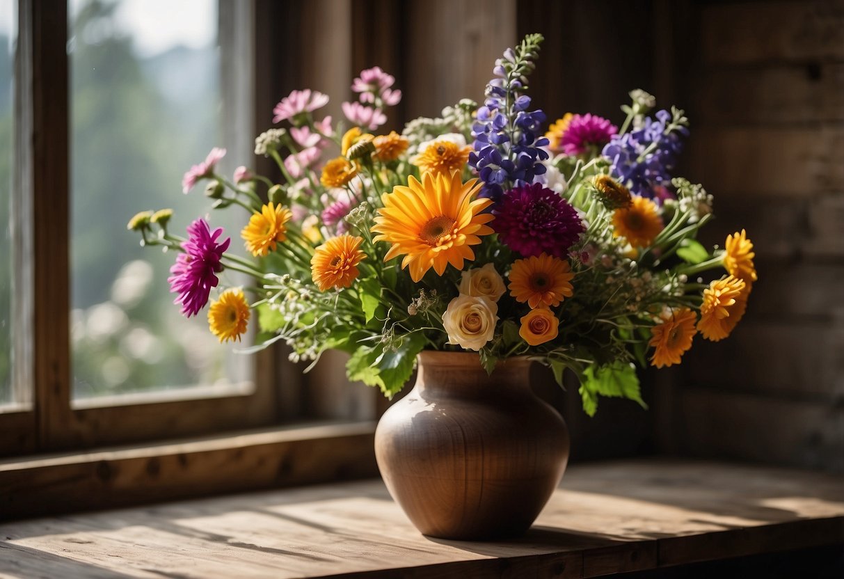 A bouquet of vibrant flowers in a rustic vase on a wooden table, with natural light streaming in from a nearby window