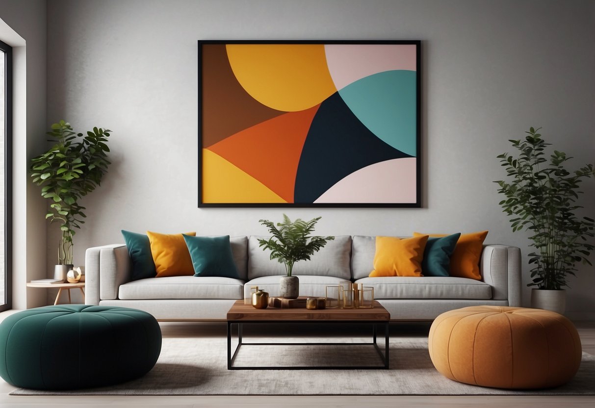 A sleek, minimalist living room with bold geometric shapes in vibrant colors, framed on the wall as the focal point of the space